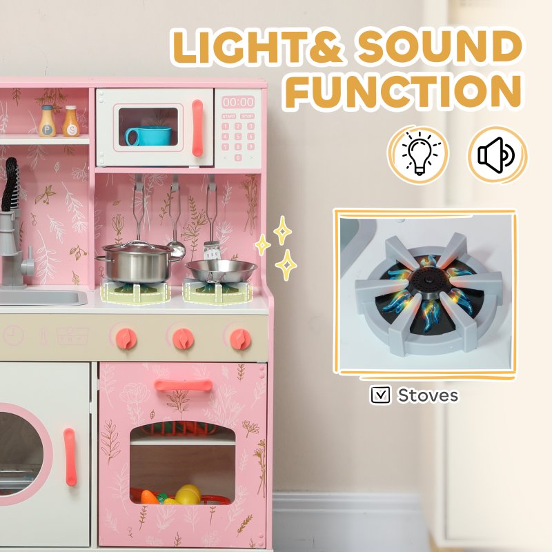 AIYAPLAY Toy Kitchen, Pretend Role Play Kitchen, Kids Kitchen Set with Lights and Sounds, Double Stoves, Ice Maker, Chalkboard, Microwave, Oven, Sink, 5 Accessories, for 3+ Years, Pink