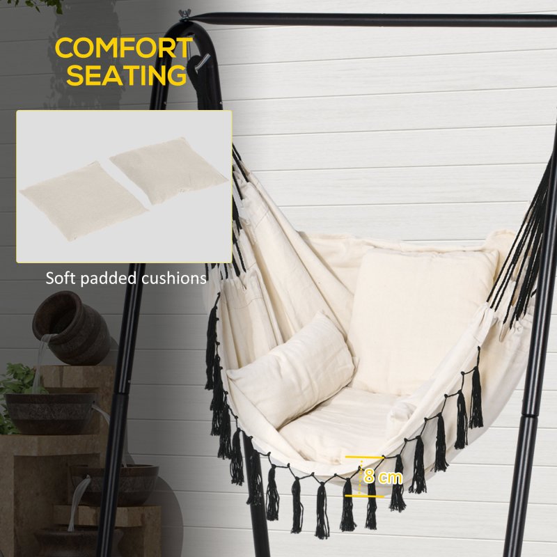 Outsunny Patio Hammock Chair with Stand, Outdoor Hammock Swing Hanging Rope Chair with Cushion, Armrest, Hooks, Cream White