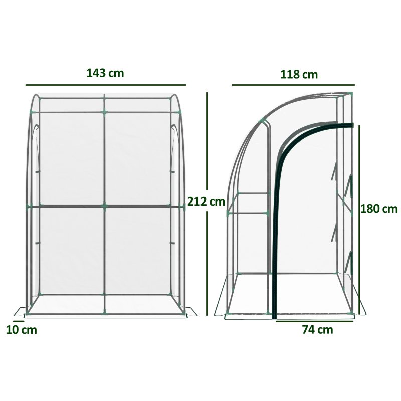 Outsunny Walk-In Greenhouse with Zipped Roll Up Doors, Lean-to Small Greenhouse with Plastic Cover and Sloping Top for Flowers, Vegetables and Herbs, 143cm x 118cm x 212cm, Clear