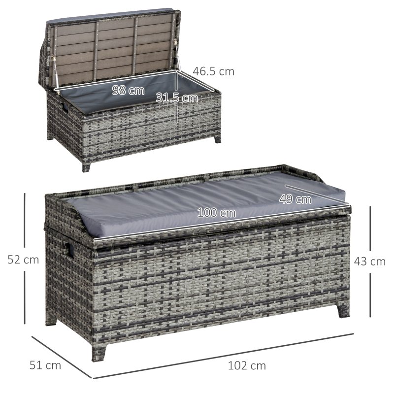 Outsunny PE Rattan Outdoor Storage Bench, Aluminium Garden Bench with Storage Underneath w/ Zipped Inner Lining, Rods for Deck, Mixed Grey