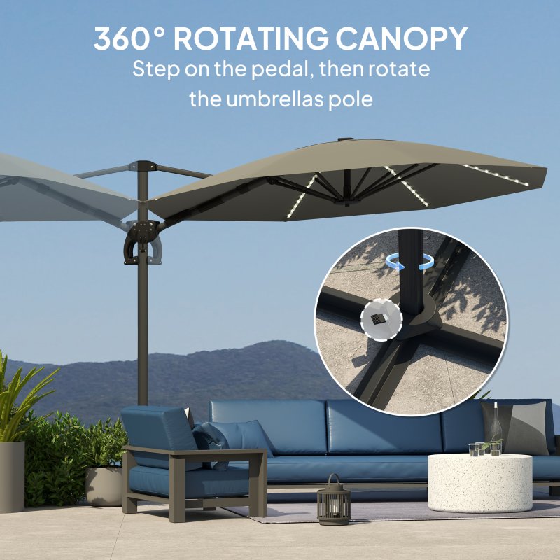 Outsunny 3(m) Cantilever Garden Parasol with Solar Powered Lights, Fibreglass Ribs, Crank Handle & Cross Base, UPF 50+, 360 Rotation, Overhanging Patio Umbrella for Patio Market, Dark Grey