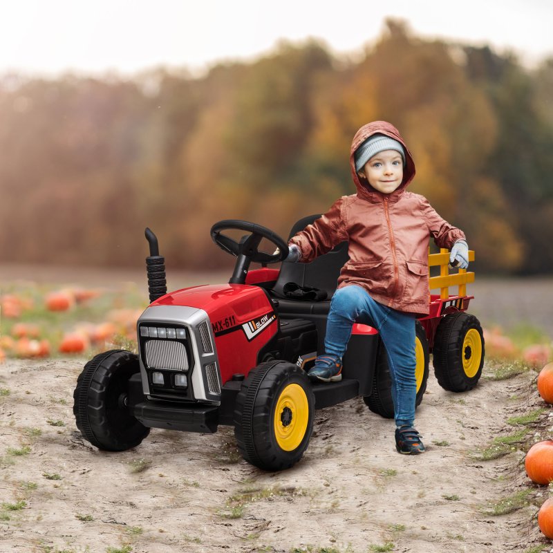 HOMCOM Electric Ride on Tractor 12V Kids Electric Car with Detachable Trailer Remote Control, Music, Horn, Lights, Start-Up Sound, for Ages 3-6 Years - Red