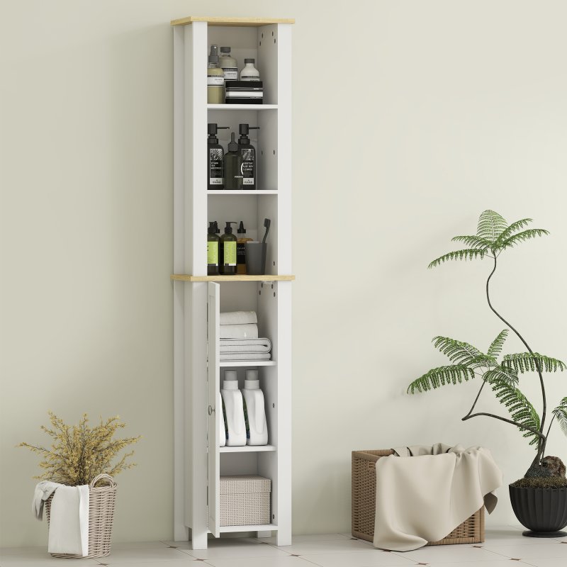kleankin Slim Bathroom Storage Unit with Open Compartment, Bathroom Storage Cabinet with Adjustable Shelf, 34 x 23 x 165 cm, White