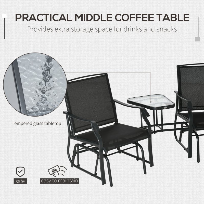 Outsunny Outdoor Double Glider Rocking Chairs with Glass Top Middle Table, Metal Gliding Love Seat Conversation Furniture with Breathable Mesh Fabric Seat, for Garden, Patio, Black
