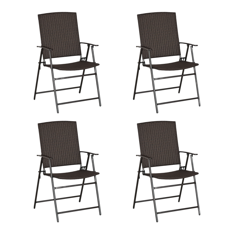 Outsunny Folding Garden Chairs Set of 4, PE Rattan Garden Dining Chairs with Armrests, High Back and Steel Frame, Weather Resistant Outdoor Dining Furniture for Patio, Balcony, Brown