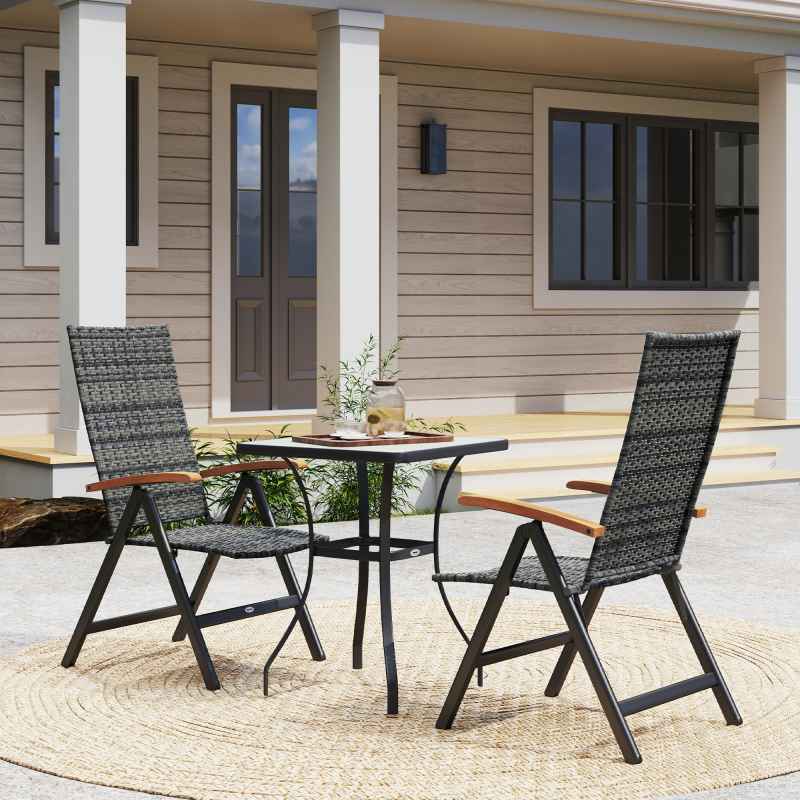 Outsunny 2 Pieces Outdoor Folding Dining Chair, PE Rattan Chair with Armrests, High Backrest, for Garden, Camping, Balcony, Porch, Mixed-grey