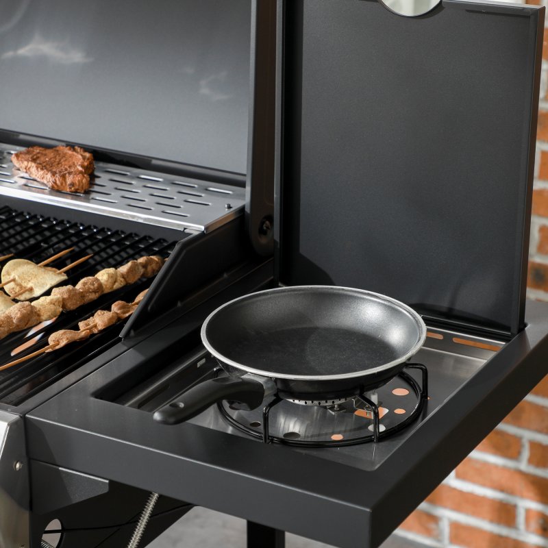 Outsunny 3+1 Gas Burner Grill, 11.5 kW Propane Gas Barbecue BBQ Grill with Wheels, Warming Rack, Shelves, Thermometer, Bottle Opener, Black