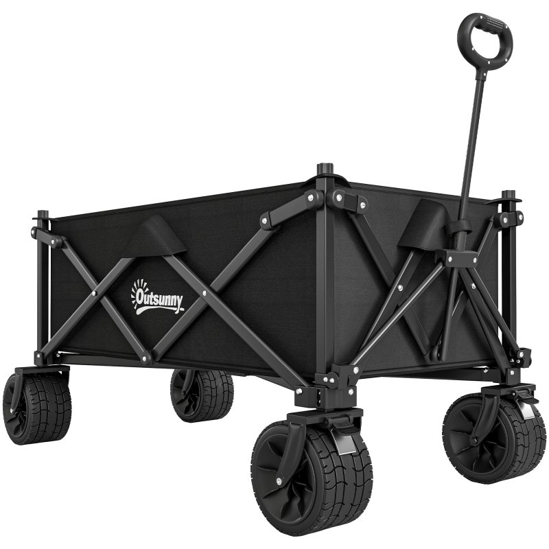 Outsunny 110L Festival Trolley on Wheels, Folding Camping Trolley Cart with Telescopic Handle, Carry Bag and All-Terrain Big Wheels, for Garden, Beach, Fishing, Black