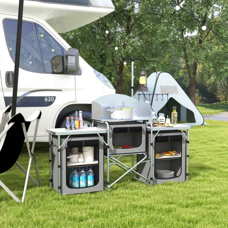 Outsunny Folding Camping Kitchen, Portable Aluminium Camping Table with 3 Fabric Cupboards, Windshield, Light Stand, Carrying Bag for BBQ, RV, Picnic, Grey