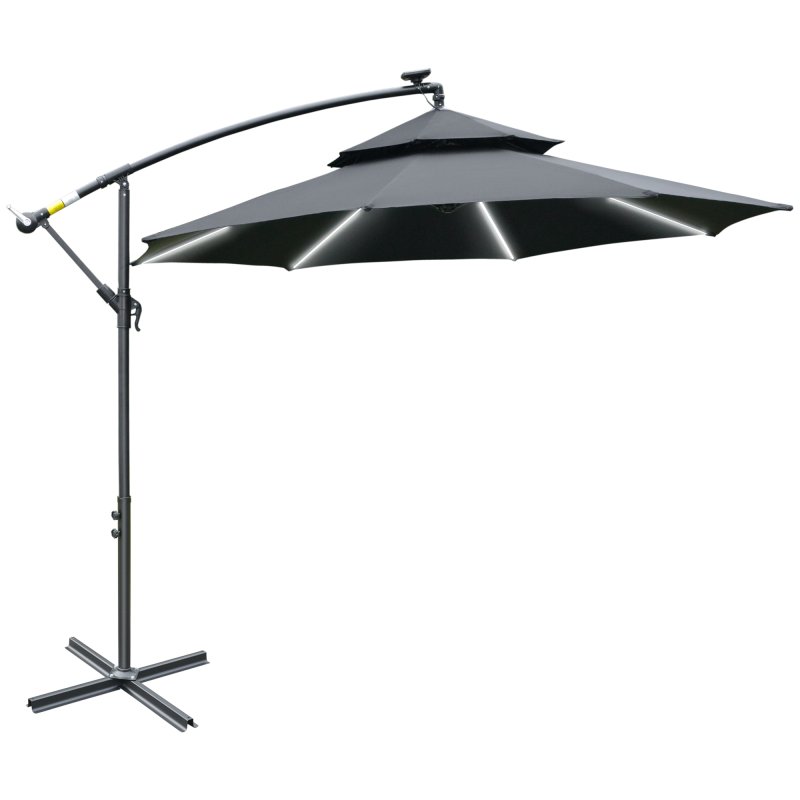 Outsunny 3(m) Cantilever Banana Parasol Hanging Umbrella with Double Roof, LED Solar lights, Crank, 8 Sturdy Ribs and Cross Base for Outdoor, Garden, Patio, Black