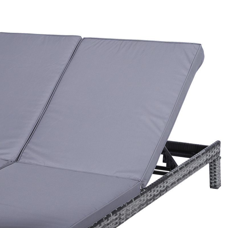 Outsunny Double Rattan Sun Lounger, Garden Daybed with 5-Level Adjustable Backrest, Outdoor Lounge Sunbed with Cushion and Pillows, 2 Seater Wicker Patio Furniture, Grey