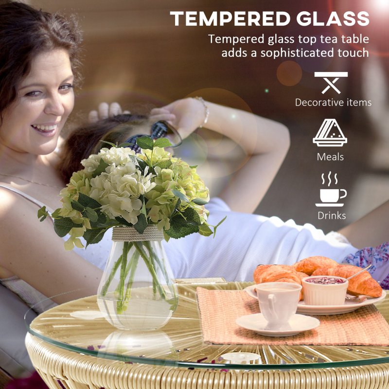 Outsunny Outdoor Coffee Table, Round PE Rattan Side Table with Tempered Glass Table Top, Hollow Drum Design for Garden, Balcony, Patio, Natural