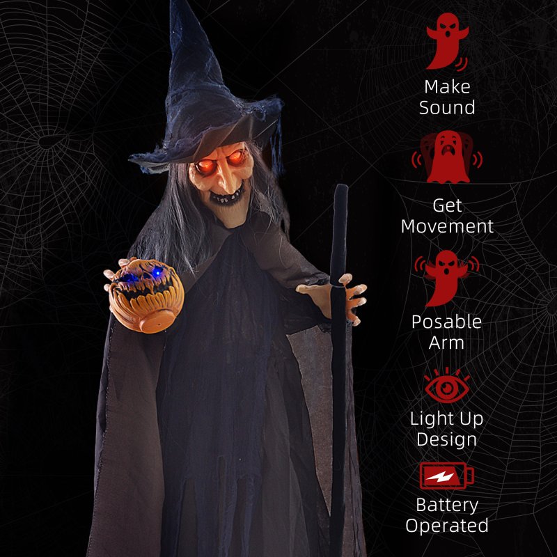 HOMCOM 190cm Witch with Broomstick Outdoor Halloween Decoration, Halloween Animatronic with Sound Activated, Light Up Eyes, Sound Effects, Animated Prop for Haunted House