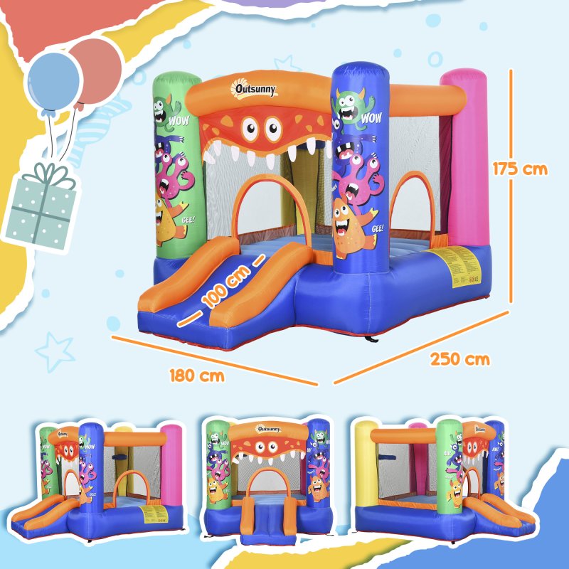 Outsunny 3-in-1 Kids Bouncy Castle with Slide Trampoline Basket, Inflatable Bounce House with Blower for Kids Age 3-8 Monster Design 2.5 x 1.8 x 1.75m