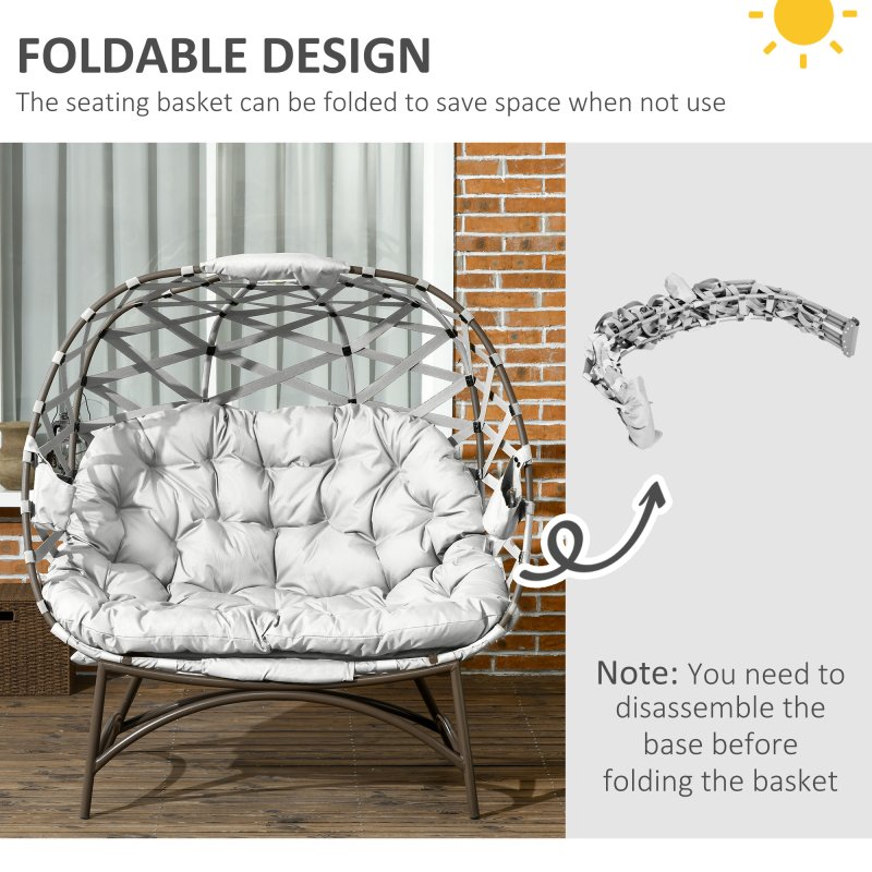 Outsunny Egg Chair Outdoor, 2 Seater Folding Weave Garden Furniture Chair with Cushion, Cup Pockets for Patio Balcony - Light Grey