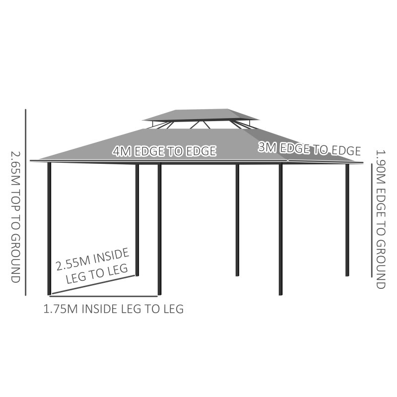 Outsunny 4m x 3(m)Garden Gazebo, Double Roof Outdoor Gazebo Canopy Shelter with Curtains, Solid Steel Frame for Lawn and Deck, Dark Grey