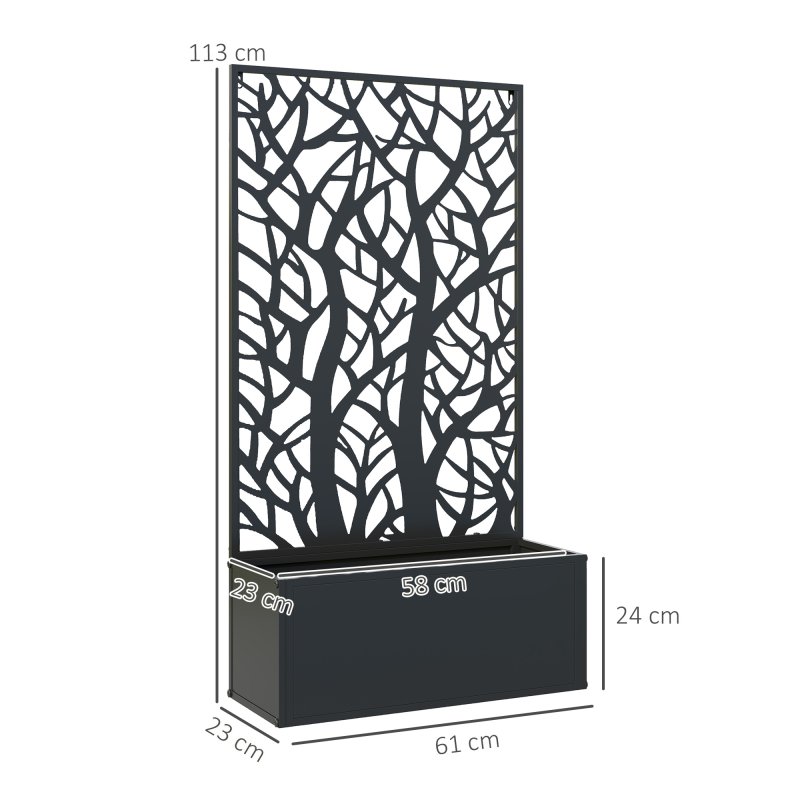 Outsunny Metal Garden Bed with Trellis, Wall Mounted or Freestanding Raised Planter with Privacy Panel, Two Big Trees Cut-out Privacy Screen with Planter Box for Climbing Plants, Flowers, Vegetables