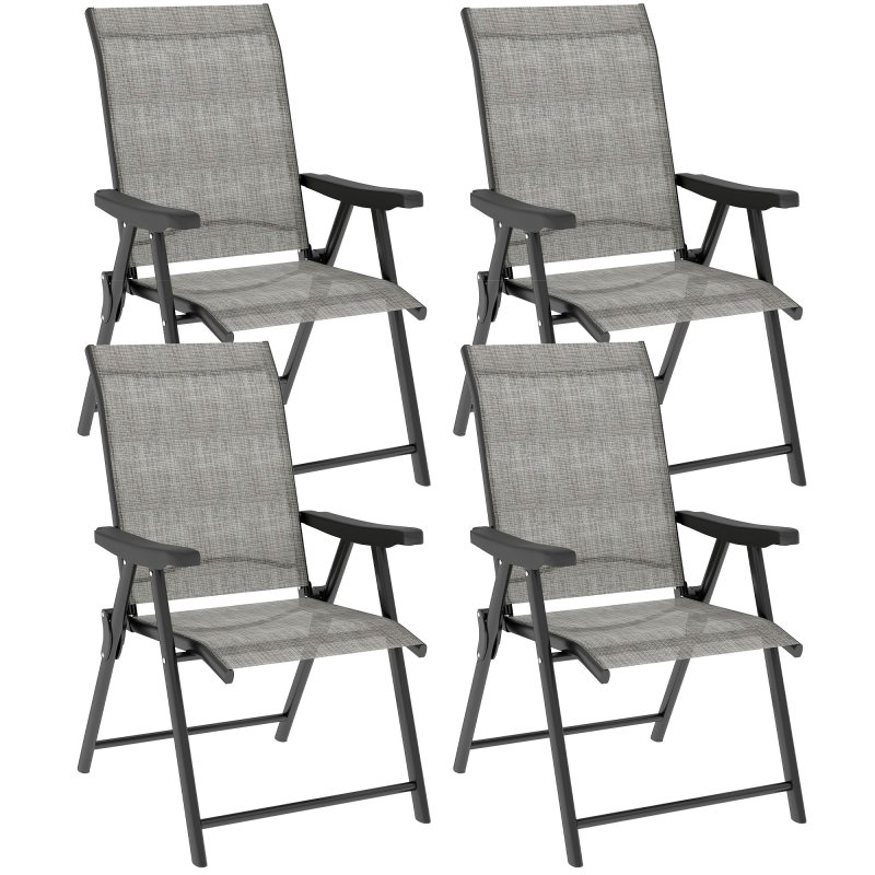 Outsunny Set of 4 Folding Chair, Garden Chair Set with Breathable Mesh Back and Seat, Outdoor Camping Chairs with Armrests, Steel Frame for Deck Balcony, Black and Grey
