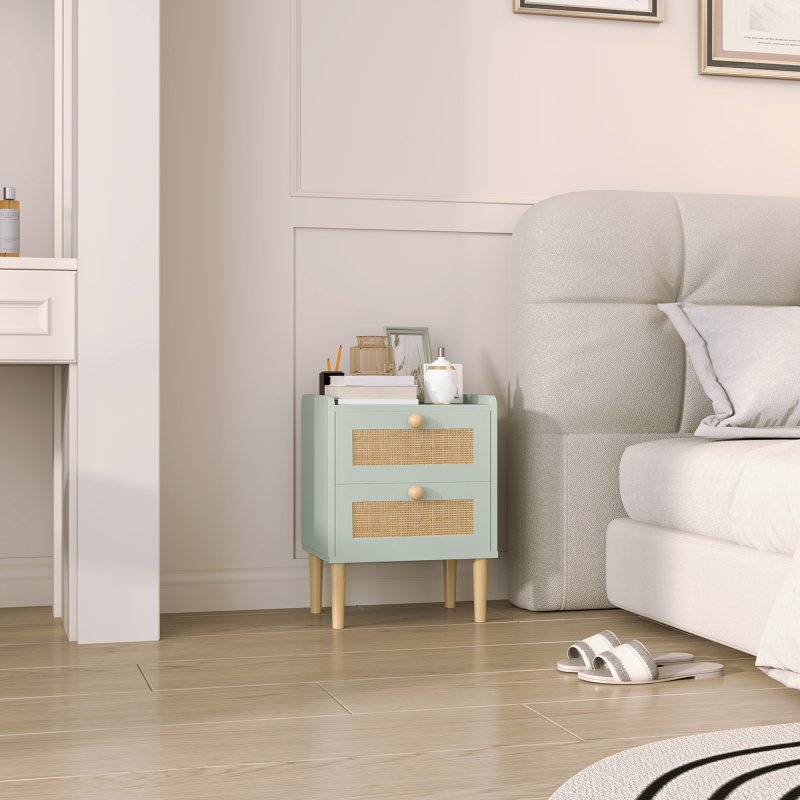 HOMCOM Bedroom Chest of Drawers, Boho Rattan Dresser with 2 Drawers, Storage Cabinet for Living Room, Hallway, Entryway, Olive Green