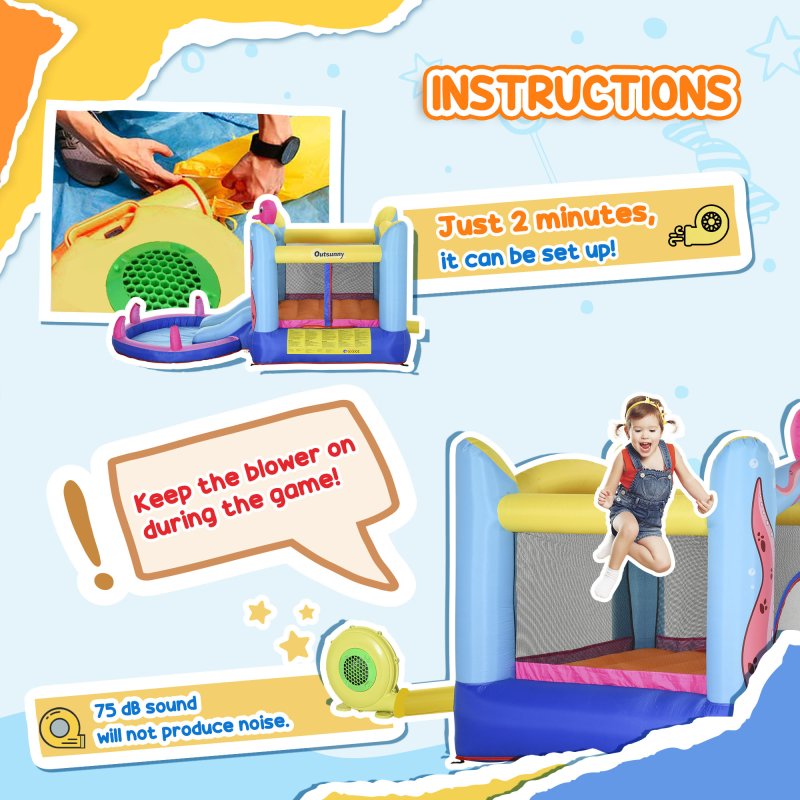 Outsunny 3 in 1 Kids Bouncy Castle with Slide and Pool Trampoline, Inflatable Water Park with Blower for Kids Age 3-8 Octopus Design 3.6 x 1.75 x 1.8m