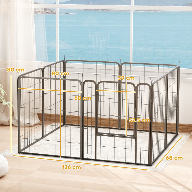 PawHut Dog Pen, 8 Panel Puppy Pen, Steel Dog Playpen, for Medium Breeds, 80cm Tall, Black