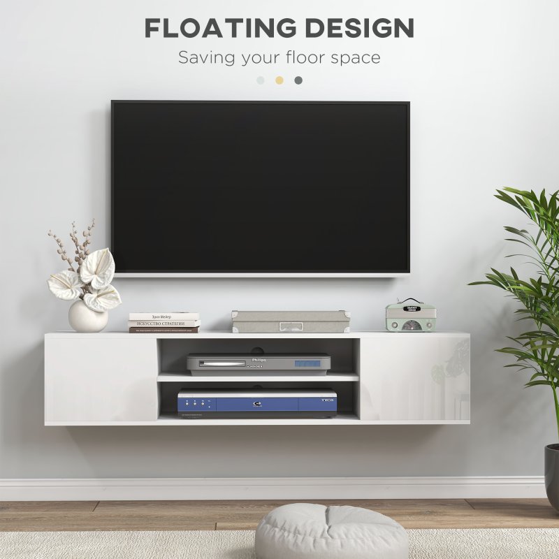 HOMCOM Floating TV Stand Cabinet for TVs up to 60", Wall Mounted TV Unit with Open Shelf, Storage Cupboards and Cable Management for Living Room