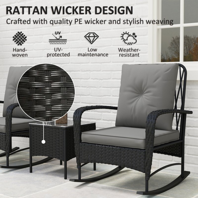 Outsunny 3 Pieces Rattan Bistro Set, Wicker Garden Furniture Set with Cushions, Glass Top Coffee Table and Rocking Chairs, Small Balcony Furniture for Outdoor, Porch, Black