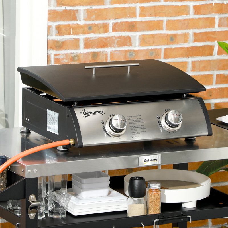 Outsunny Gas Plancha Grill with 2 Stainless Steel Burner, 10kW, Portable Tabletop Gas BBQ with Non-Stick Griddle for Camping Picnic Garden Party Festival