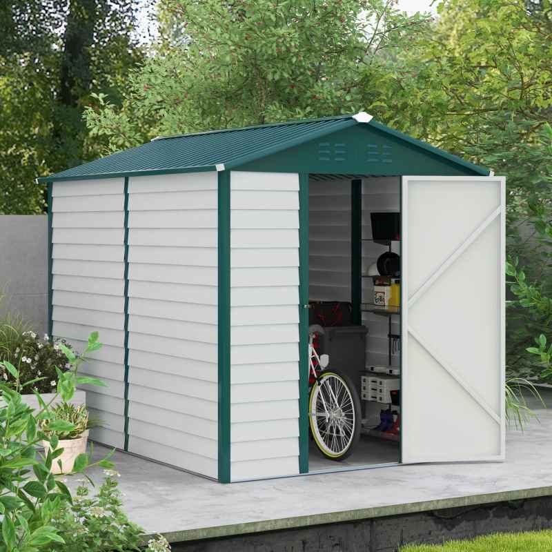 Outsunny 9 x 6FT Metal Garden Shed, Galvanised Outdoor Storage Shed with Window, Lockable Door, Tool Storage Shed for Yard, Patio, Lawn, Green