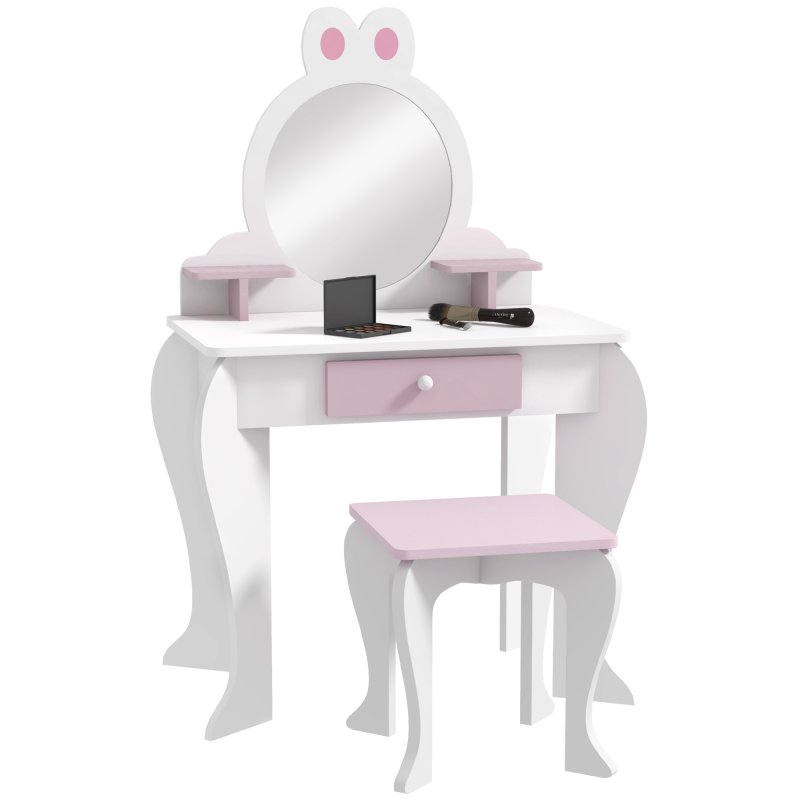 ZONEKIZ Kids Dressing Table with Mirror and Stool , Kids Vanity Table Girls Dressing Table with Drawer, Storage Shelf, Rabbit Design, for Ages 3-6 Years - White and Pink