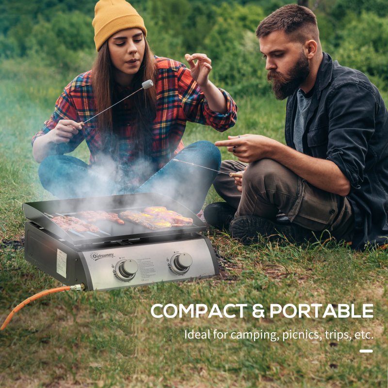 Outsunny Gas Plancha Grill with 2 Stainless Steel Burner, 10kW, Portable Tabletop Gas BBQ with Non-Stick Griddle for Camping Picnic Garden Party Festival