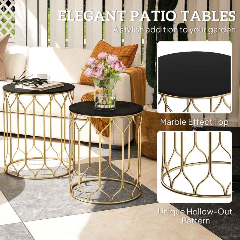 Outsunny Garden Side Table Set of 2, Nesting Tables with Ceramic Tile Top, Indoor Outdoor Small Garden Tables, Multifunctional End Tables with Metal Frame for Patio, Balcony, Porch, Black