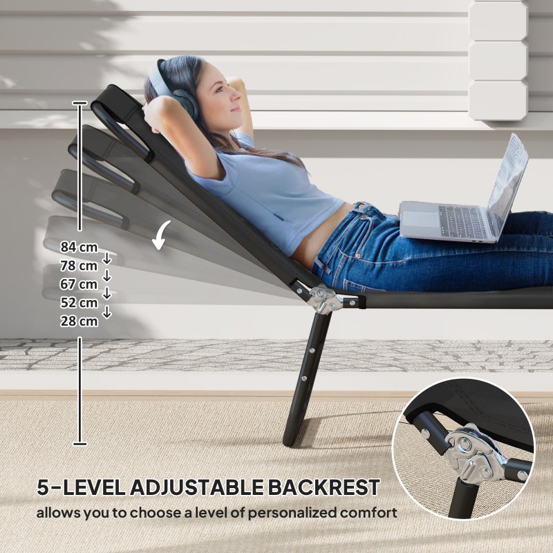 Outsunny Foldable Sun Lounger Set of 2 with 5-Position Adjustable Backrest, Outdoor Portable Recliner Chaise Lounge Chair with Breathable Mesh Fabric, Black