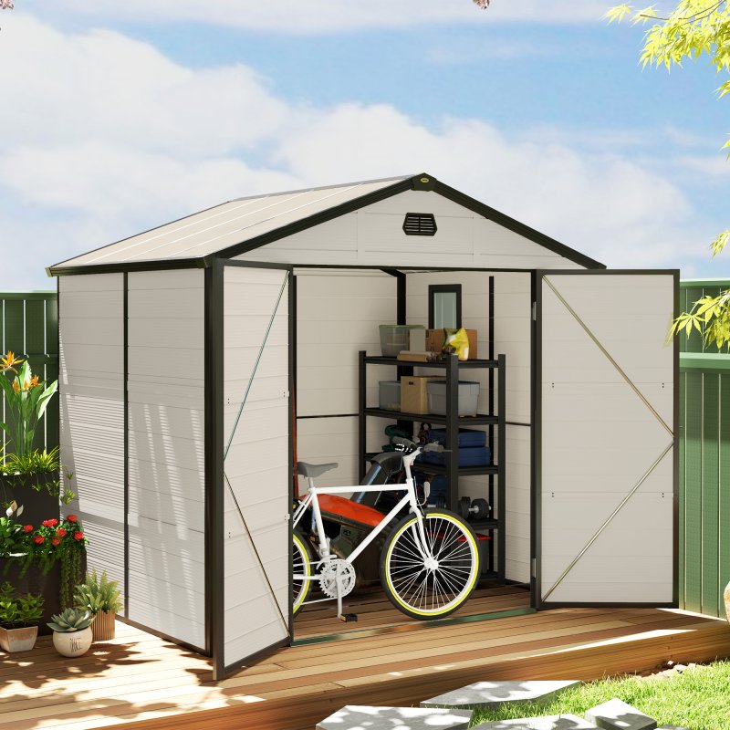 Outsunny 8 x 6ft Plastic Garden Storage Shed with Foundation Kit, Polypropylene Outdoor Storage Tool House with Ventilation Slots and Lockable Door, Cream White
