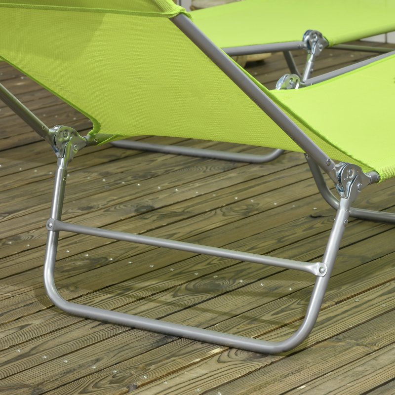 Outsunny Set of 2 Outdoor Foldable Sun Loungers, Adjustable Backrest Garden Recliner Sun Lounger Chair with Headrest Pillow, Green