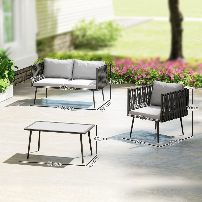 Outsunny 4 Piece Outdoor Garden Furniture Set with Cushions, 4 Seater Garden Sofa Set with Loveseat, Armchairs and Faux Marble Top Table, Outdoor Furniture Set for Patio, Conservatory, Light Grey