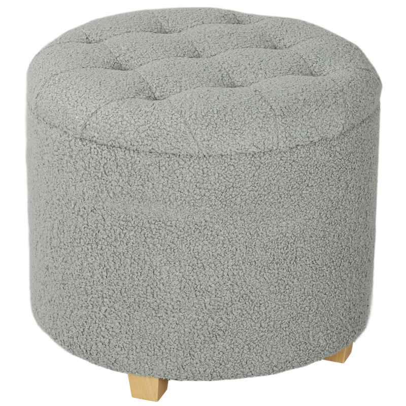 HOMCOM 45cm Round Storage Ottoman, Teddy Fleece Footstool with Removable Lid and Wood Legs, Button Tufted Vanity Stool for Living Room Bedroom Hallway