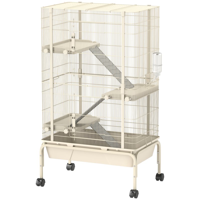 PawHut Rolling Rabbit Cage, 4 Level Rolling Rat Cage with 3 Ramps, Water Bottle, Food Dish, 15cm Deep Tray for Easy Cleaning, Small Pet Cage for Ferrets, Chinchillas, Squirrel, Syrian, Beige