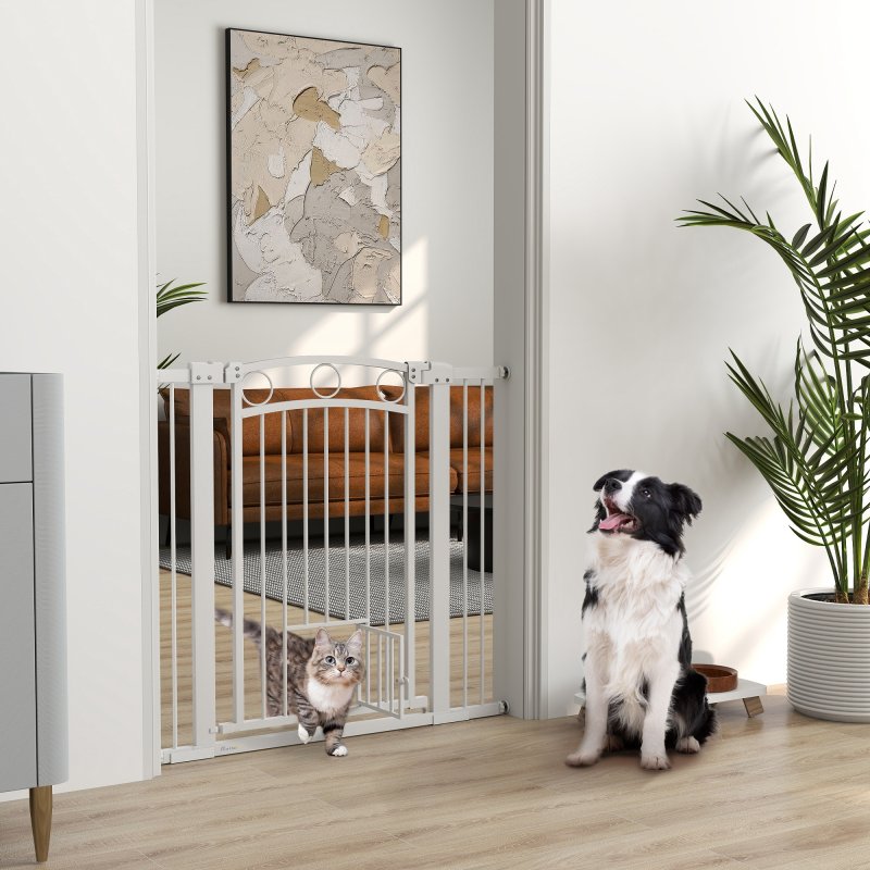 PawHut Dog Stair Gate 96cm Extra Tall Height, 76-104cm Adjustable Width Pressure Fit Safety Gate with Cat Door, 7cm and 14cm Extensions for Stairs, Doorways, Easy Installation, White