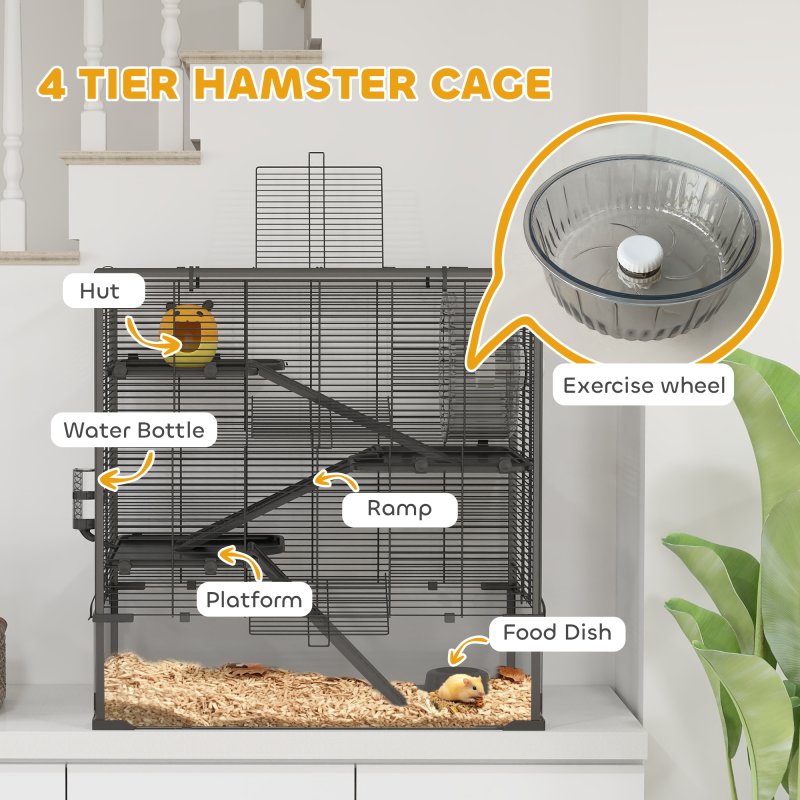 PawHut Hamster Cage with Deep Tempered Glass Bottom, 4 Tier Large Hamster Tank with Hut, Running Wheel, Platforms, Ramps, Food Dish, Water Bottle, for Syrian, Dwarf, Rats, Gerbils, 78.5 x 48.5 x 80cm