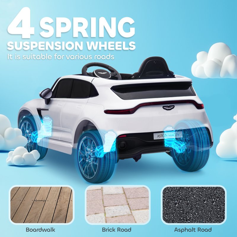 AIYAPLAY Aston Martin DBX Licensed 12V Kids Ride on Car, Kids Electric Car with Remote Control, 4 Suspension Wheels, LED Lights, Music, Horn, Slow Start, for Ages 3-6 Years, White