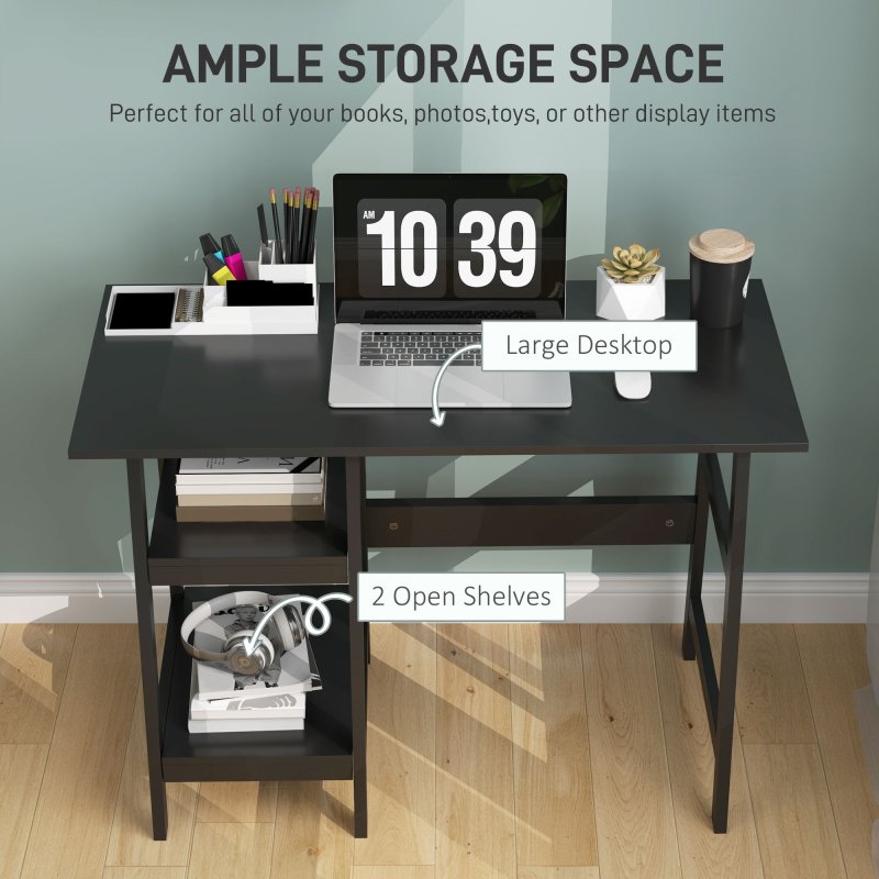 HOMCOM Compact Computer Desk with Storage Shelves, Study Table with Bookshelf, PC Table Workstation for Home Office, Study, Easy Assembly