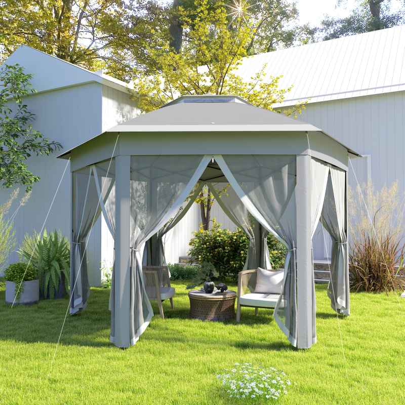 Outsunny 3 x 4m Garden Gazebo Hexagon Pop Up Gazebo Party Tent Canopy Double Roof Instant Shelter with Netting and Carry Bag for Outdoor Patio, Dark Grey