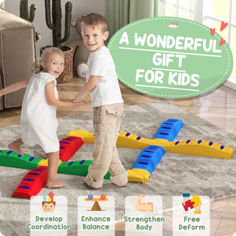 AIYAPLAY Kids Balance Beam, 12 Piece Stepping Stones with Non-Slip Foot Pads, Kids Sensory Toys, Indoor Outdoor Obstacle Course for 3-8 Years