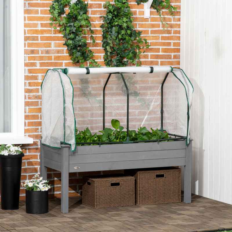 Outsunny Raised Garden Bed with PE Greenhouse Cover, Outdoor Elevated Wood Planter Box for Herbs and Vegetables, Use for Patio, Garden, Balcony, 121 x 55 x 117cm, Dark Grey