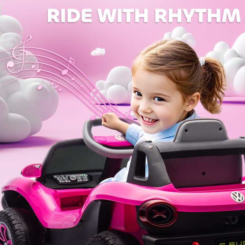 AIYAPLAY Volkswagen E-Buggy Licensed Electric Car for Kids, 12V Kids Electric Ride on with Remote Control, Suspension, Slow Start, LED Lights, USB, Music, Horn, for Ages 3-6 Years, Pink