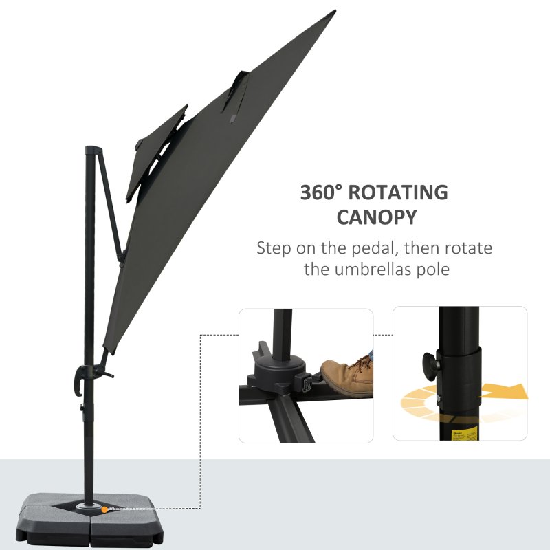 Outsunny 2.7 x 2.7(m) Cantilever Parasol with Aluminium Frame, Crank and Tilt, 360-Degree Rotation, Double Top Garden Umbrella with Base and Cover, Dark Grey