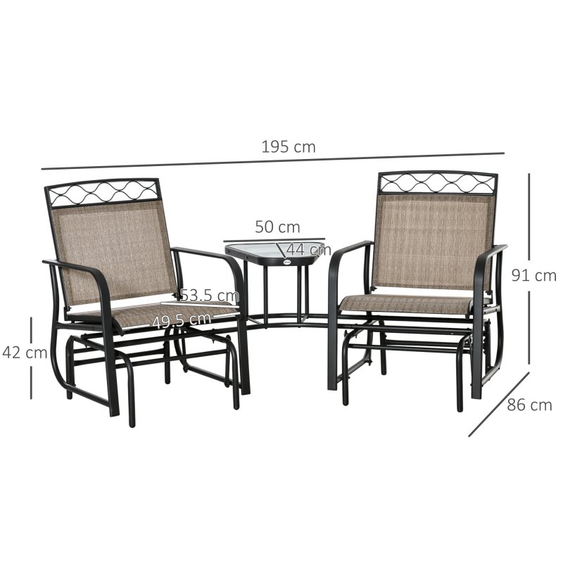 Outsunny Double Outdoor Glider Chair, 2 Seater Patio Rocking Chairs, Swing Bench with Tempered Glass Table, Breathable Mesh Fabric for Backyard, Garden, Porch, Brown