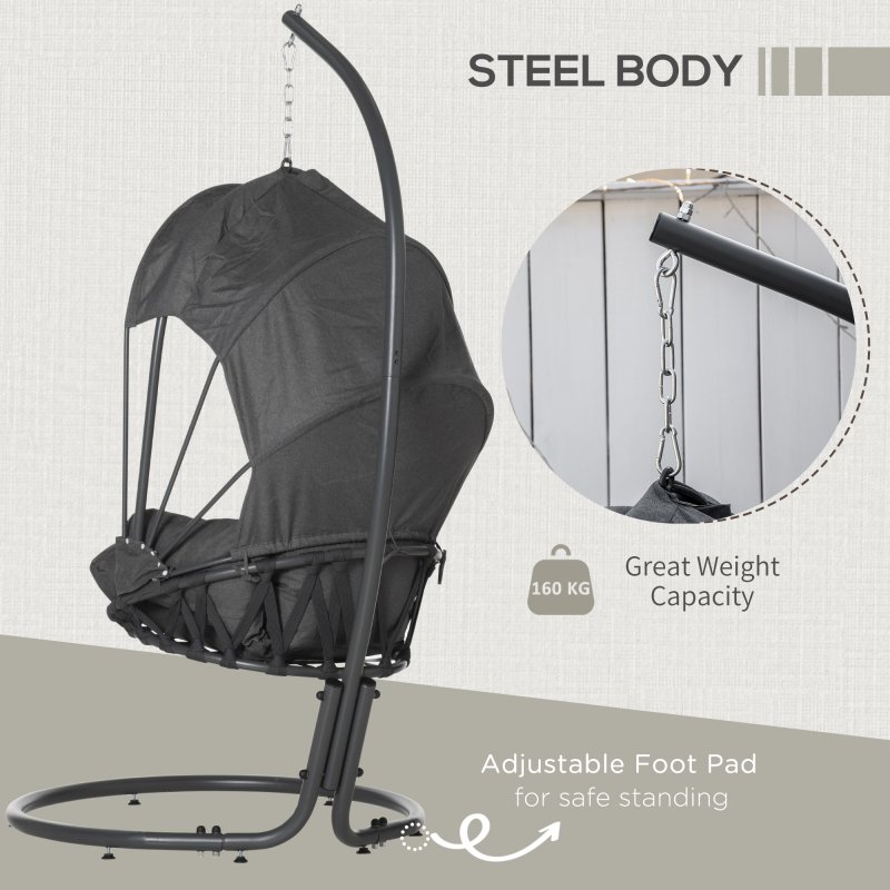 Outsunny Hanging Egg Chair with Cushion and Retractable Canopy, Swing Hammock Chair with Adjustable Metal Stand, for Indoor and Outdoor, Grey