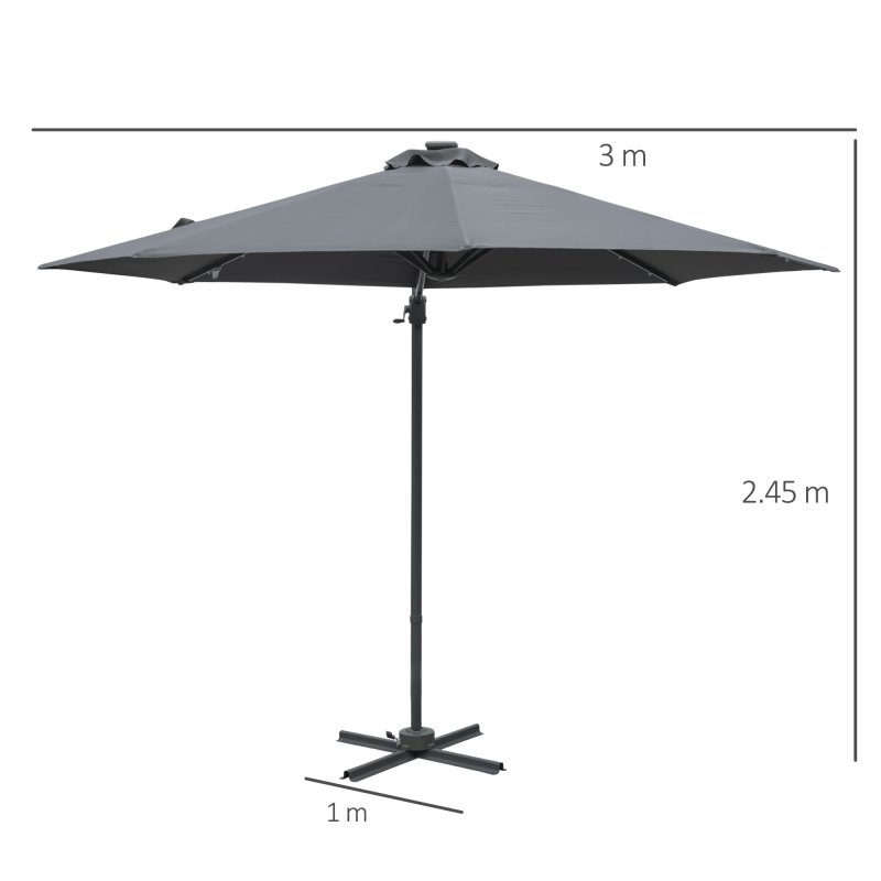 Outsunny 3(m) Cantilever Roma Parasol Patio Sun Umbrella with Crank & Tilt LED Solar Light Cross Base 360 Rotating Outdoor, Dark Grey
